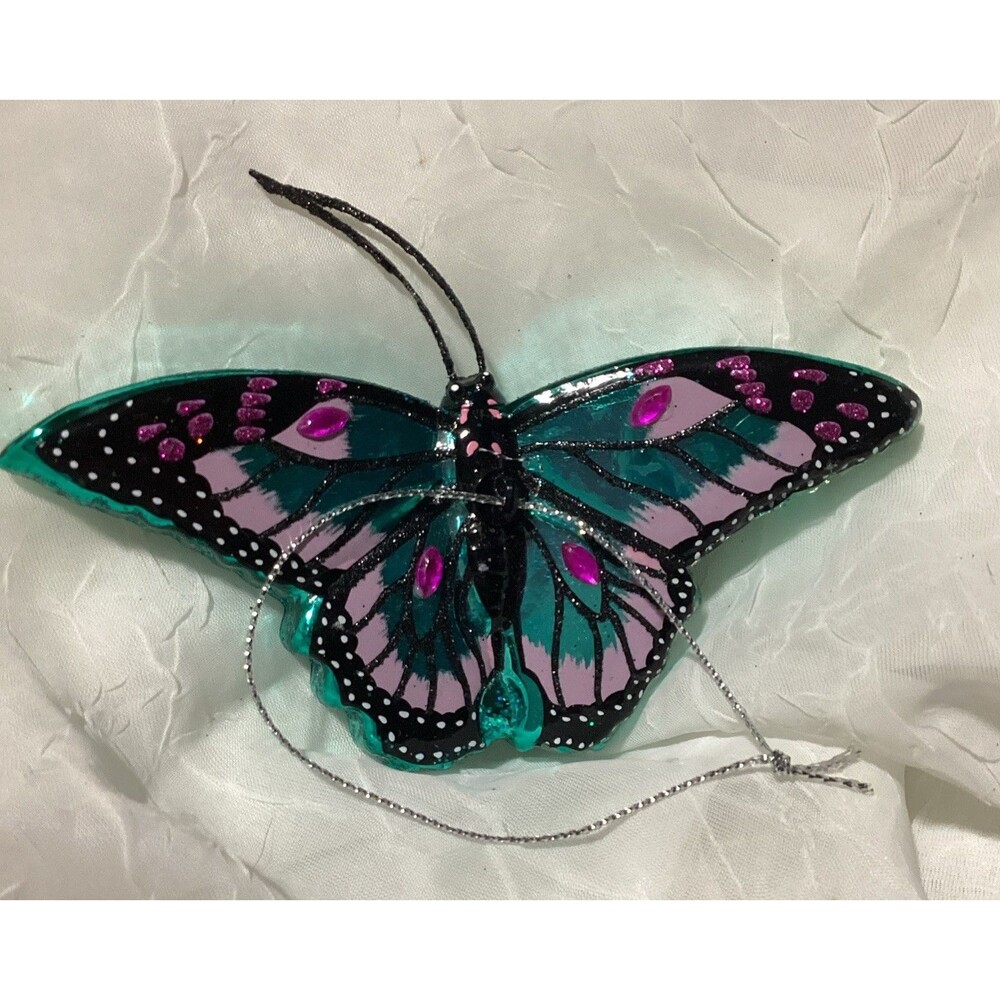 ROBERT STANLEY Glass Butterfly Christmas Tree Ornament 2023 Bejeweled Blue Pink
